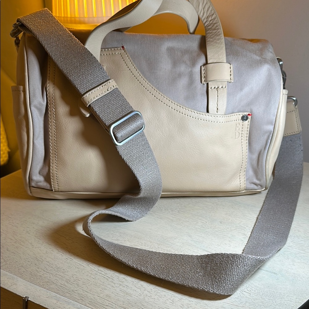 Stylish Beige and Gray Leather and Canvas Barrell Bag ED brand